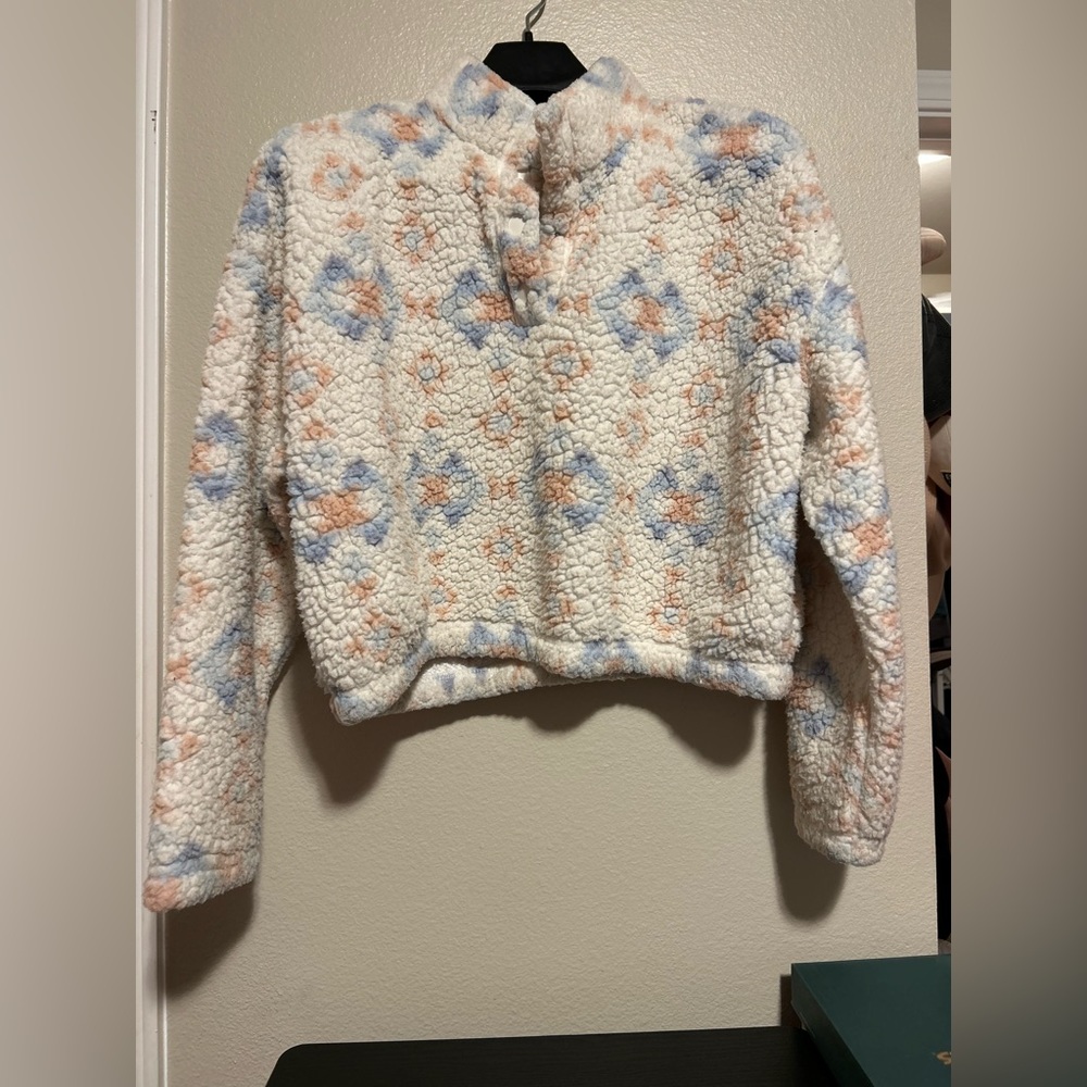 PacSun Sherpa Crop Pullover jacket-Cream, Blue&Orange-size l